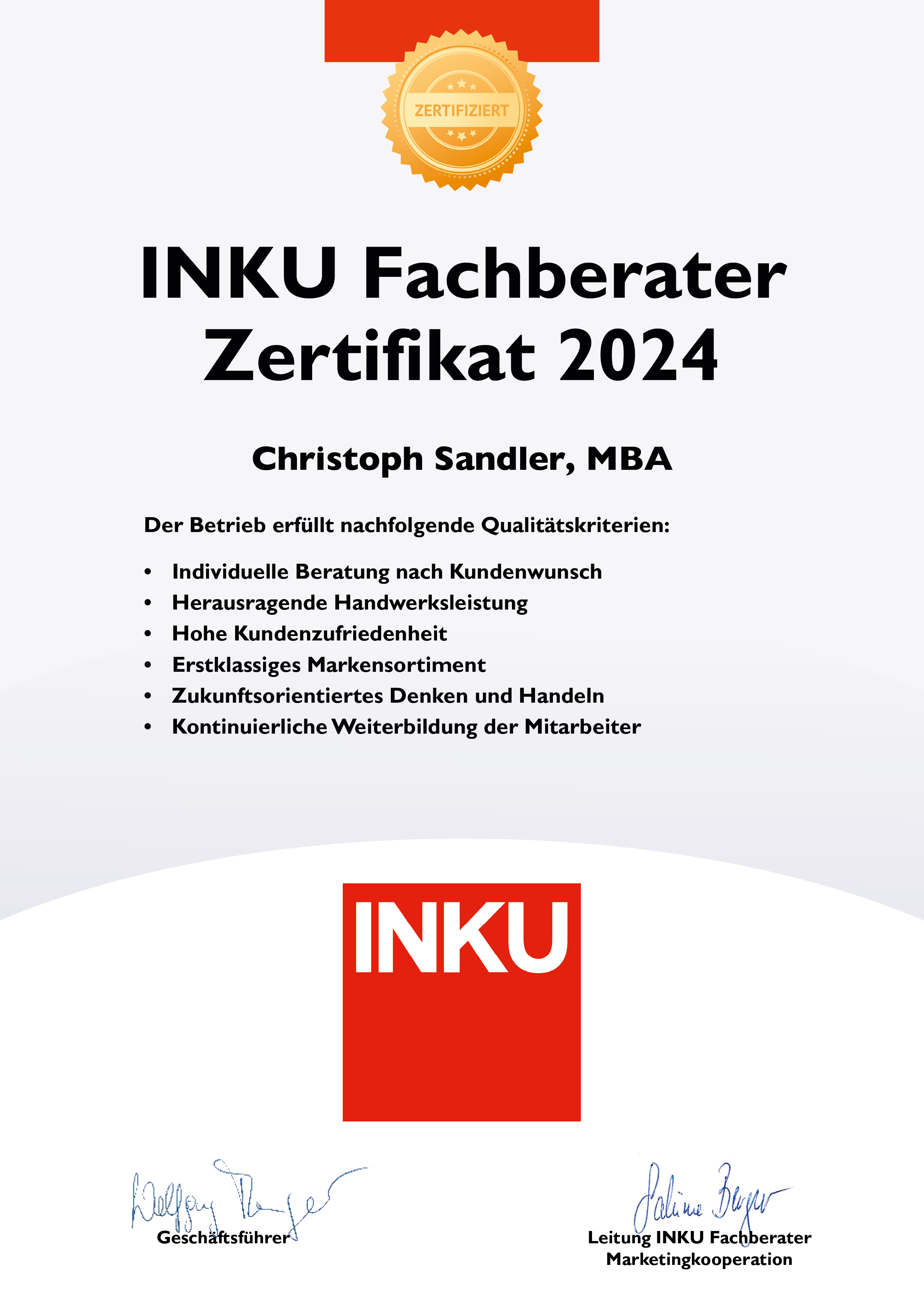 Inku Fachberater Zertifikat Christoph Sandler MBA